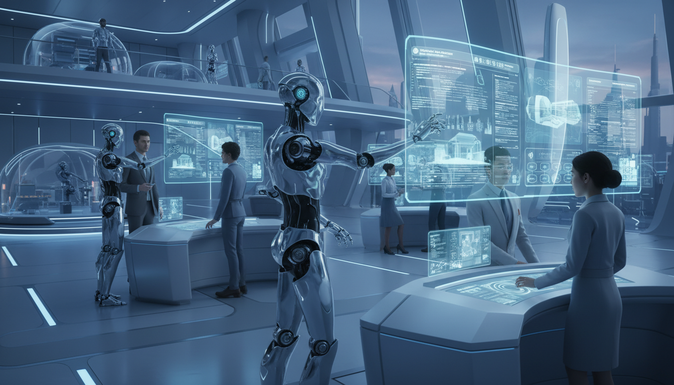 Digital robots collaborating with workers in a high tech office