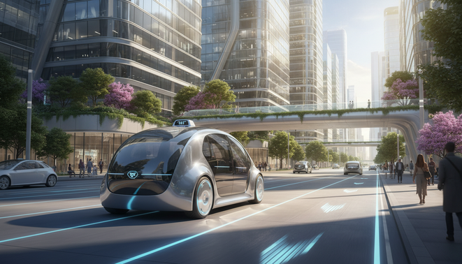 A futuristic autonomous robotaxi driving through a modern city street