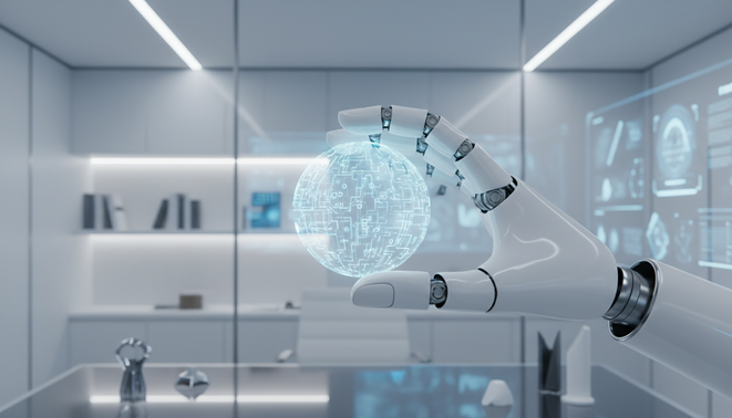 Robotic hand holding a glowing digital seed