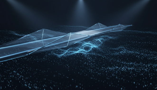 A minimalist futuristic crystalline bridge spanning a dark digital void symbolizing leadership stability and strategic direction