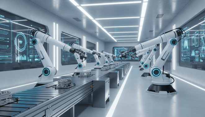A clean and professional view of a modern automated factory with robotic arms and sleek machinery