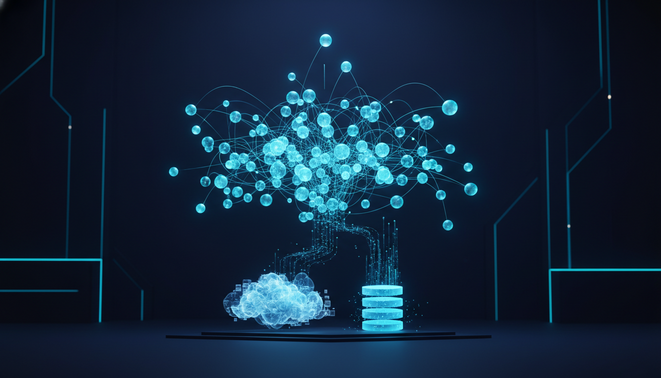 A clean high tech visual representing an interconnected network of AI agents and enterprise data layers