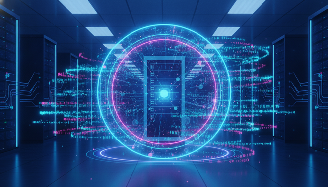 A professional high tech visualization of a glowing server rack protected by translucent digital shields representing secure AI infrastructure.