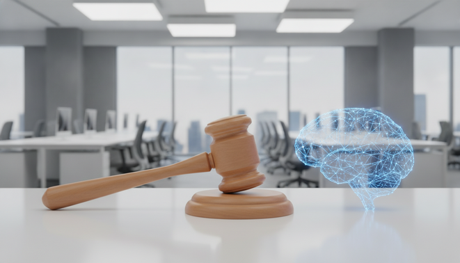 Stylized gavel resting next to a glowing digital brain icon
