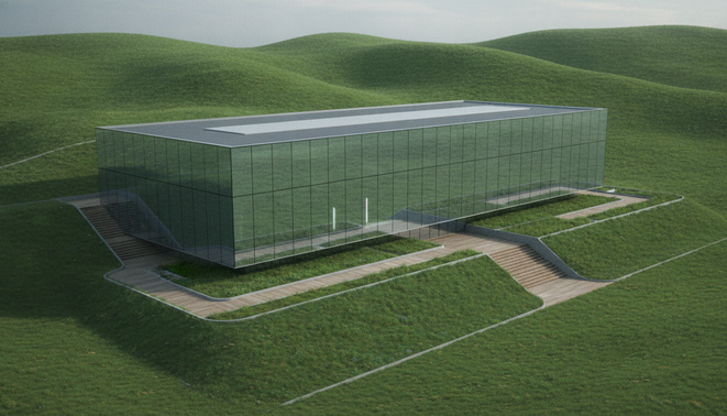 A minimalist data center within a natural landscape