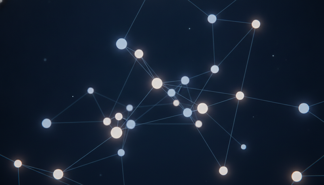 Clean professional visual of a decentralized network with interconnected glowing nodes representing distributed AI training