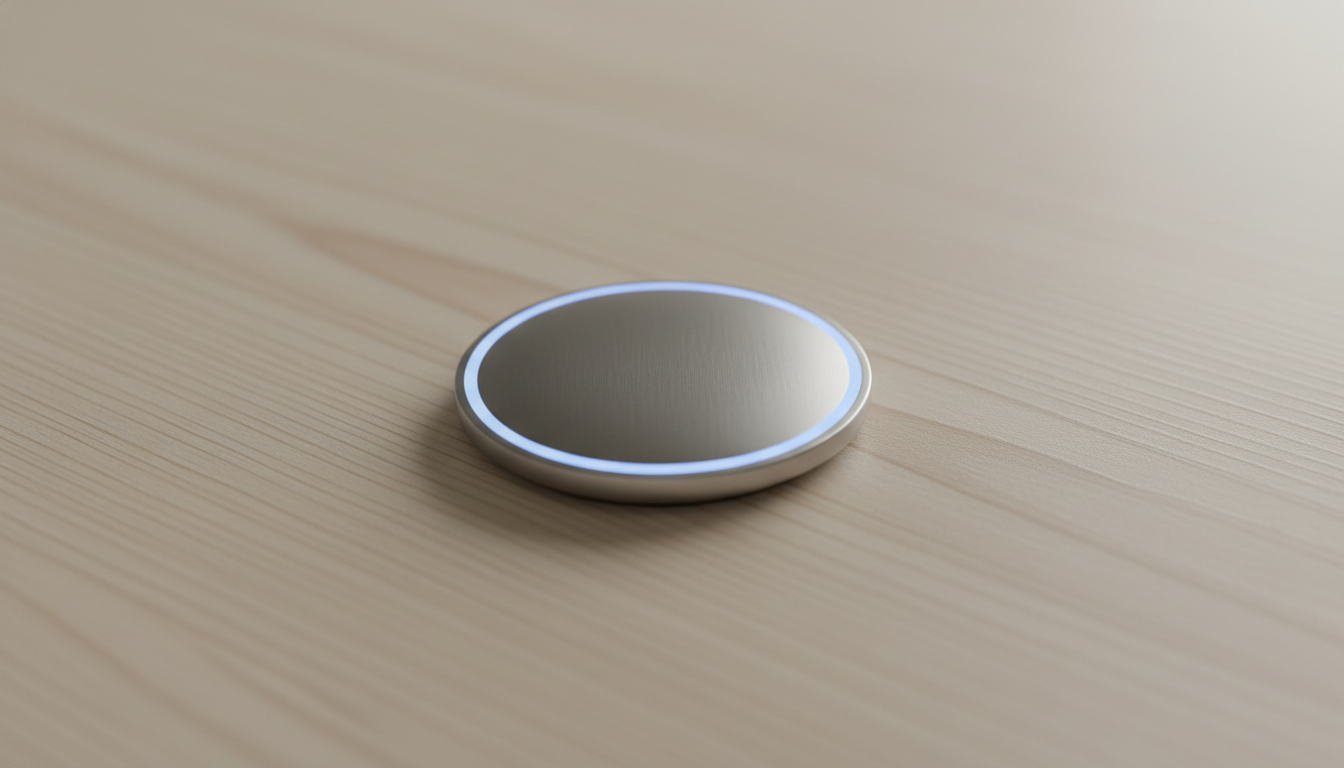 A sleek futuristic AI powered wearable device about the size of an AirTag featuring a glowing interface and minimalist metallic design