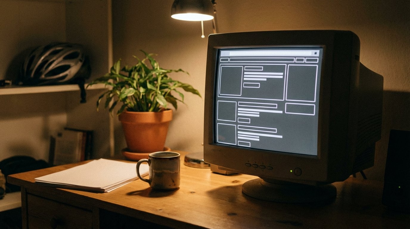 Nostalgic internet desk scene evoking Craigslist simplicity privacy and community