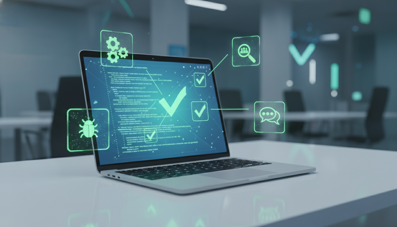 A futuristic 3D illustration showing a laptop with code and testing checkmarks surrounded by automation and communication icons