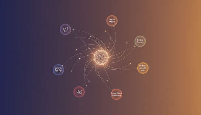 A visual representation of marketing strategy diversification showing a central business hub connected to various nodes