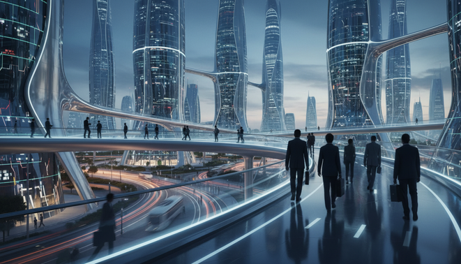 A simple visual showing silhouettes of professionals walking between glowing futuristic tech buildings representing talent movement and industry transitions.