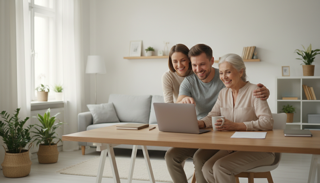 A multi generational family working together in a bright modern home office