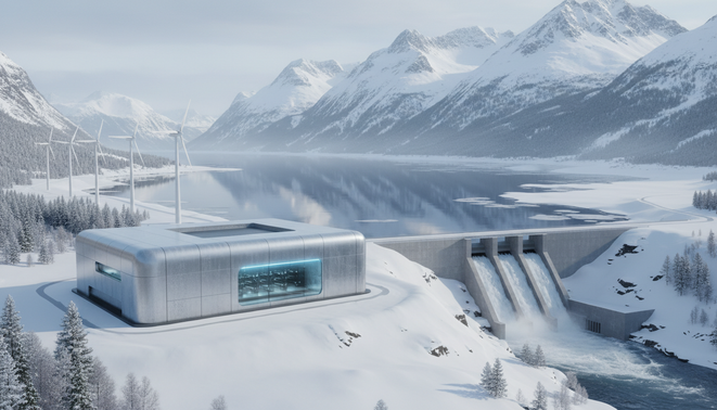 Modern renewable energy Nordic data center utilizing Arctic cooling and green power infrastructure in a snowy landscape with mountains and wind turbines