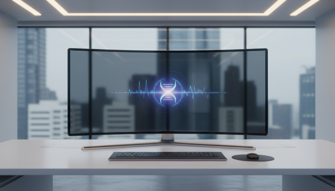 A minimalist futuristic workstation with a glowing digital icon above the screen