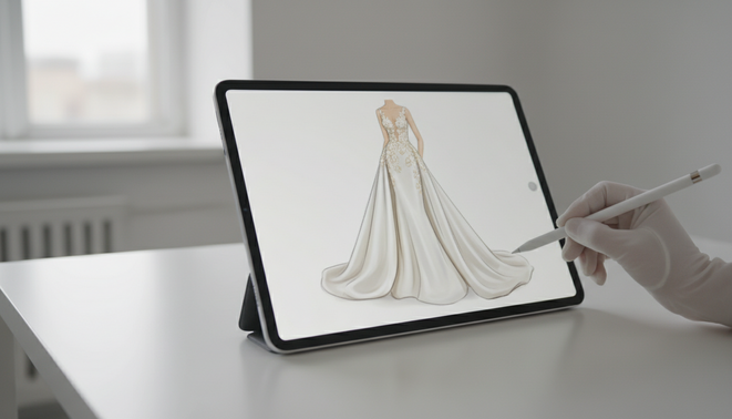 A modern tablet showing a digital fashion sketch of a silk gown being edited