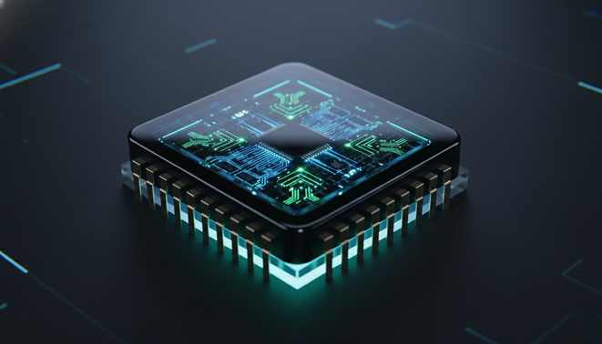 A sleek and modern specialized AI microchip with glowing circuits on a minimalist dark background