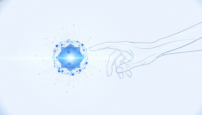 Minimalist illustration of human collaboration with digital networks