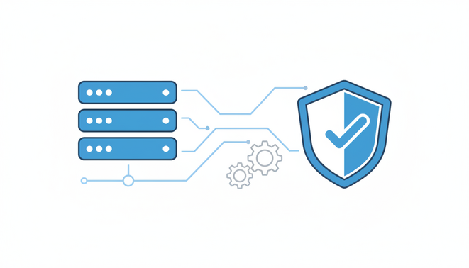 A stylized server icon interconnected with a shield icon using sleek minimalist lines and gears representing the synergy between IT operations and security