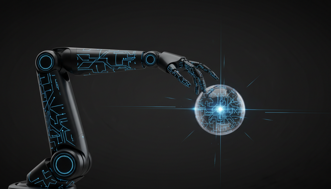 Minimalist robotic arm integrated with a glowing circuit pattern representing Physical AI