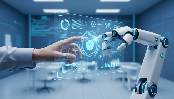 Human hand and robotic arm working together on software testing