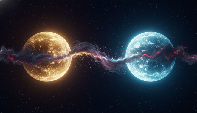 Metaphorical visual of two glowing spheres connected by light with a dark energy wave disrupting the beam