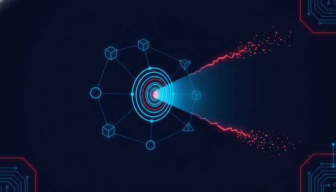 Minimalist high tech illustration of a robotic AI eye scanning a network of connected digital nodes with broken red connections.