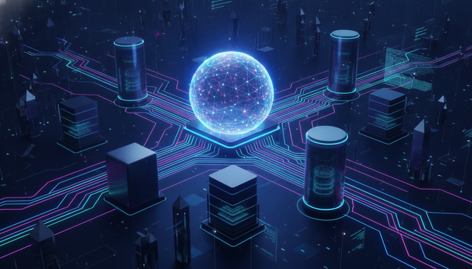 A central neural network node connected by glowing pathways to various data storage cubes or silos