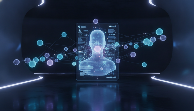 Futuristic visual representation of autonomous AI agents collaborating around a central human centric interface