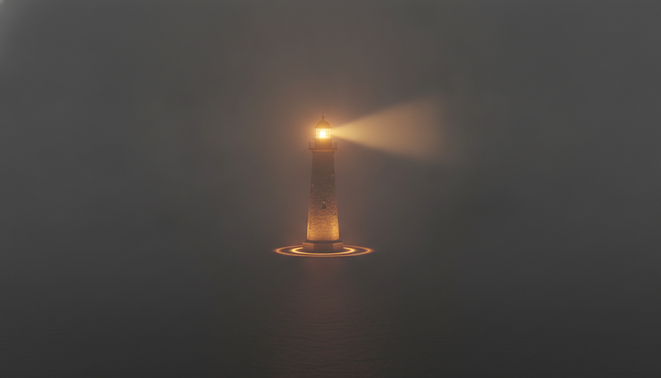 A single vibrant glowing lighthouse standing tall amidst a dense grey uniform fog representing brand differentiation and clarity