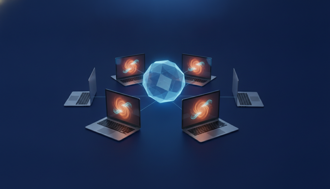A professional image showing smartphones and laptops processing data locally to represent decentralized architecture