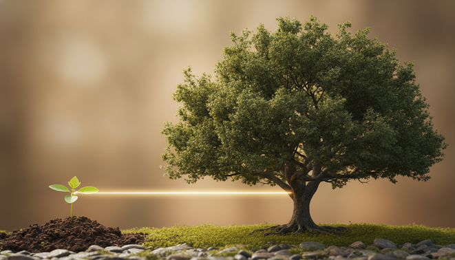 A professional and clean visual of a seedling growing into a strong mature tree. The image signifies stability and steady progress.