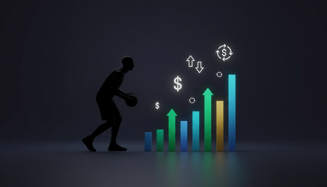 Silhouette of an NBA player standing next to market symbols and financial charts