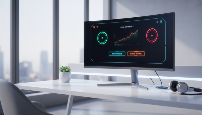 A minimalist workspace with a high tech dashboard on a computer screen showing a software release