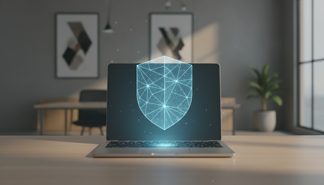 A minimalist and technical representation of corporate oversight. A modern office desk features a clean laptop. The digital blue glow from the laptop screen forms a subtle protective shield shape in the air.