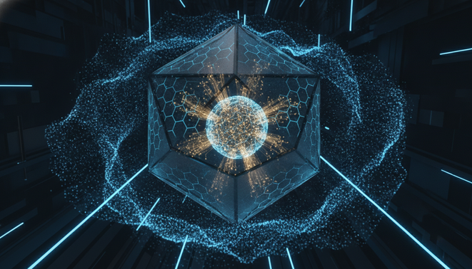 Abstract visualization of a secure AI agent runtime featuring a central glowing node protected by a translucent geometric shield and a container box in a professional high contrast digital environment