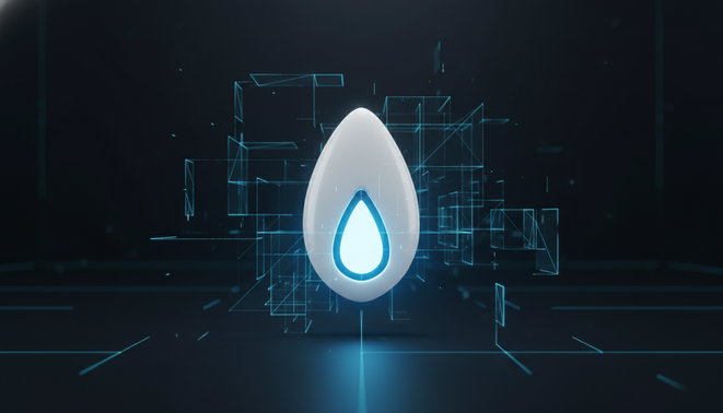 A glowing blue digital seed icon appears as a blueprint in a dark room