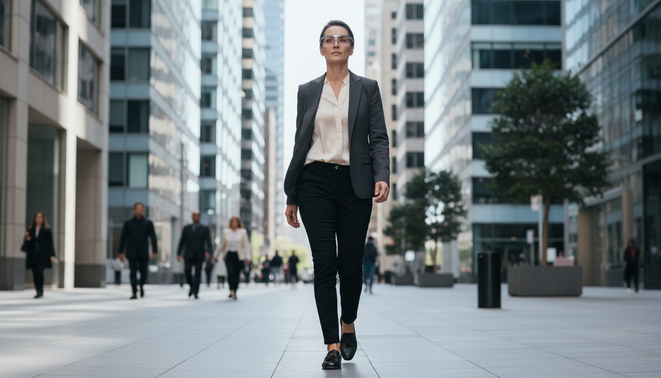 A professional person wearing smart glasses while walking through a bright city