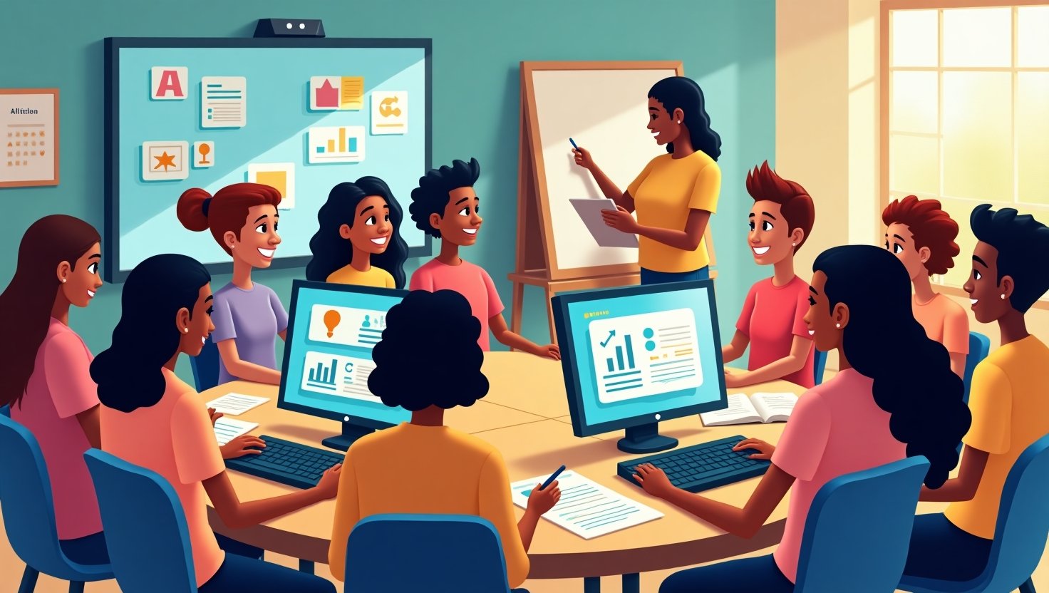 Students engaging with AI tools in a classroom