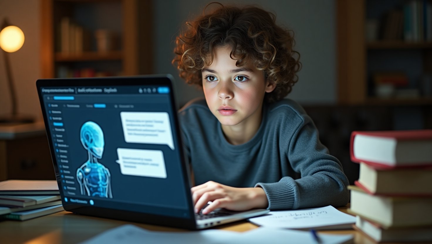 A student studying with a laptop interacting with AI