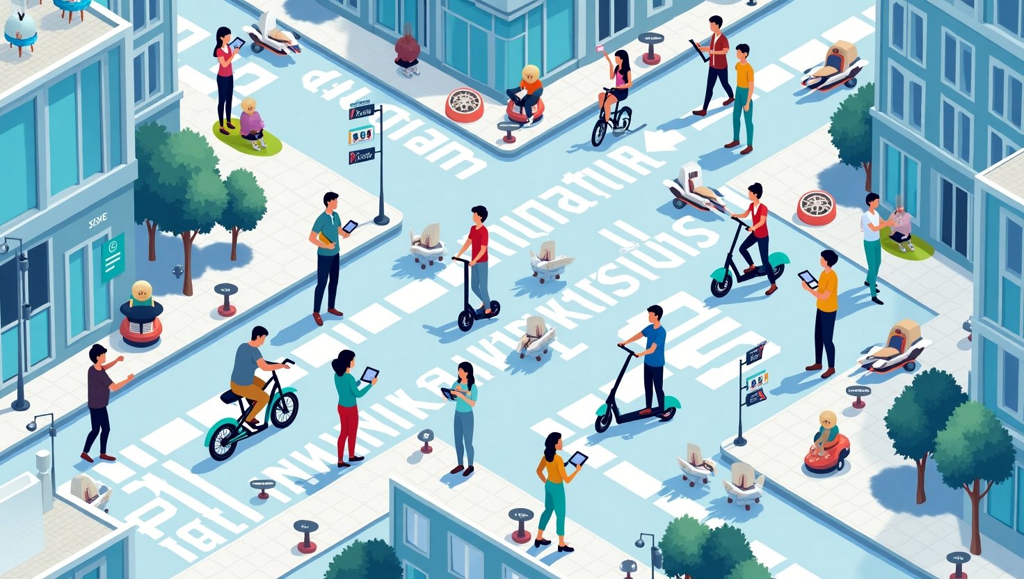 Illustration of the URBAN-SIM interface showcasing a digital framework representing a city environment for micromobility simulation.