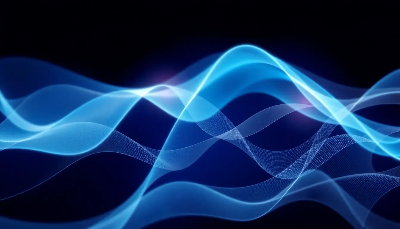 Abstract data flow visualization with gradient streams and geometric shapes evoking technology and finance no text
