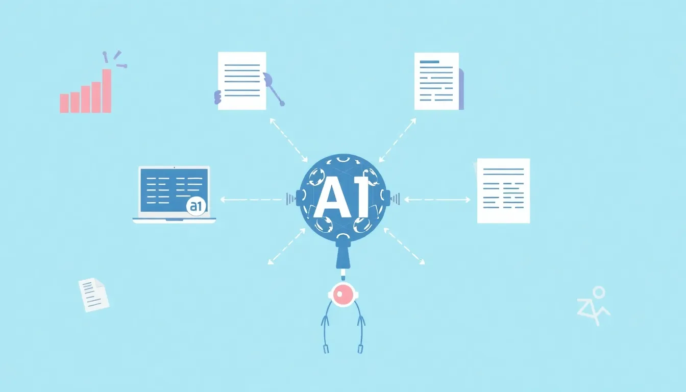A simple visual depicting various AI agent functions like data analysis and document creation in enterprise settings