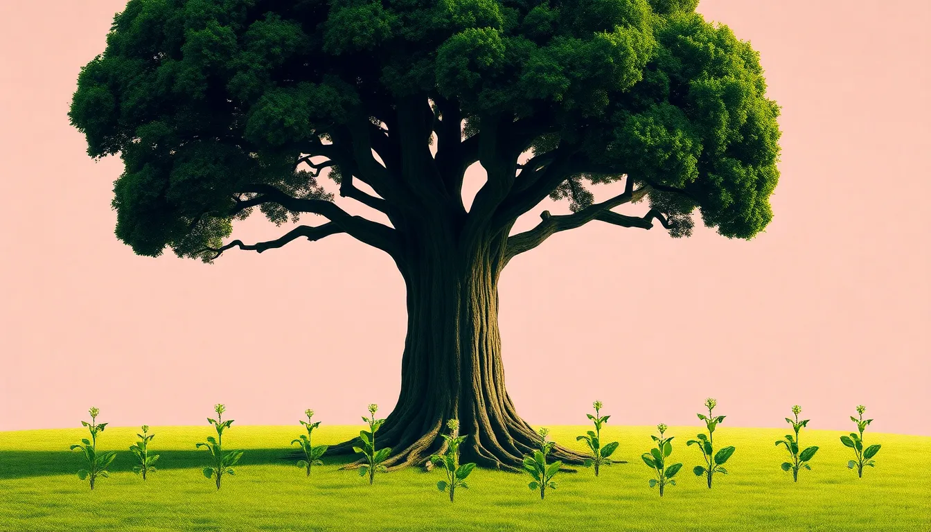 A large tree symbolizing Big Tech overshadowing smaller plants representing AI startups.