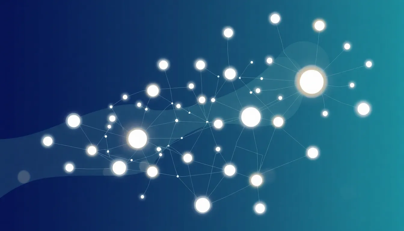Abstract network of actors with glowing nodes representing influence and risk