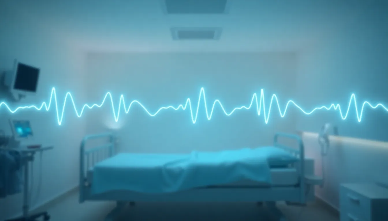 Abstract brainwave visualization in cool clinical tones suitable as a hero visual for ICU EEG monitoring