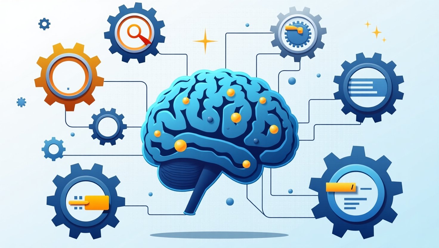 Illustrative image of machine learning engineering automation, with elements symbolizing MLE-STAR's capabilities like web search and code refinement