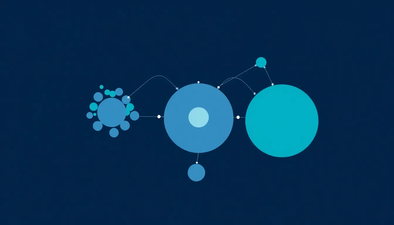 Abstract network visual of a writers payers editors ecosystem, showing abstract nodes and connections with a cool blue purple palette, no text or logos