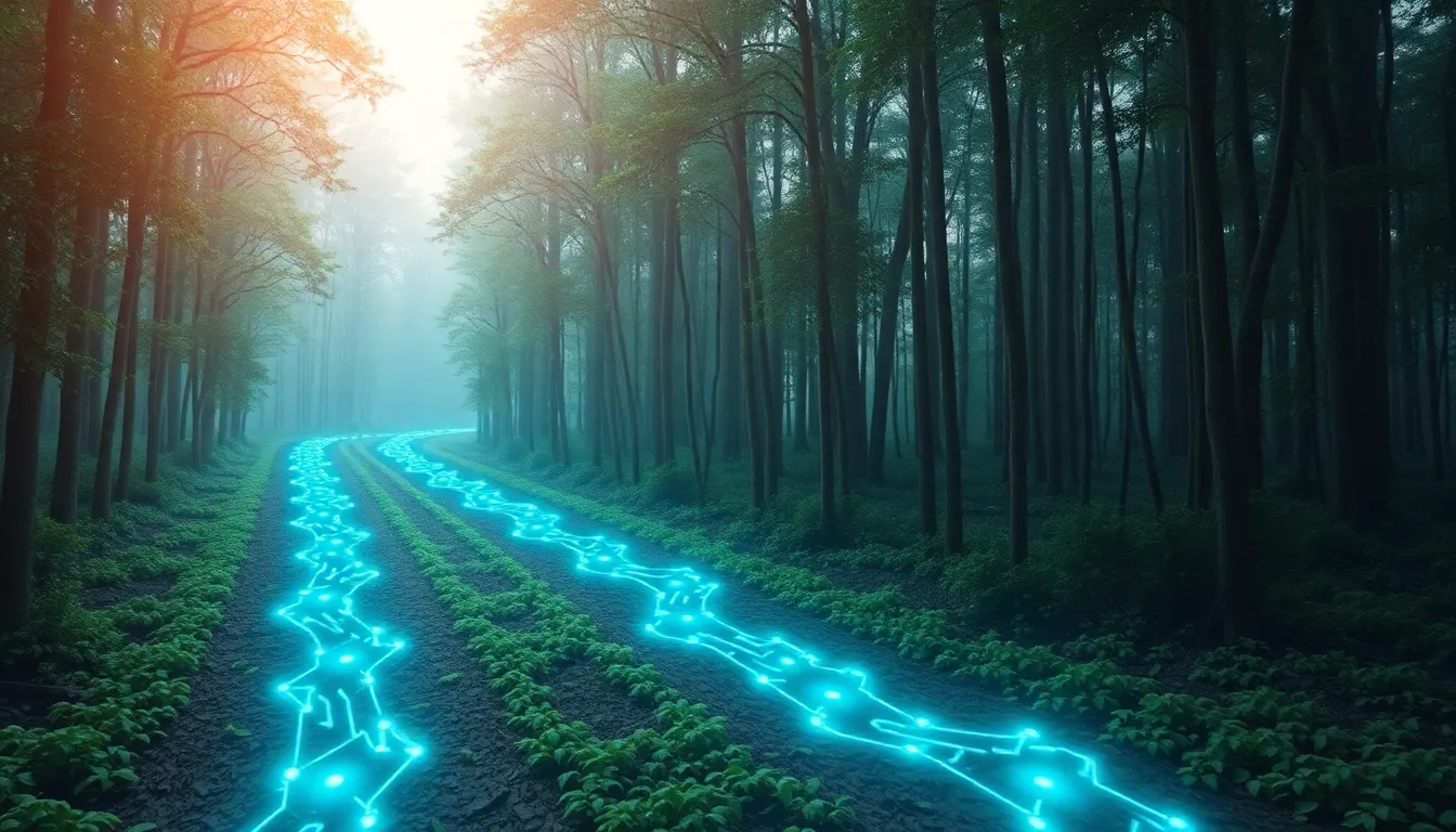New pathways leading through a digital forest symbolizing exploration and potential opportunities in AI innovations.