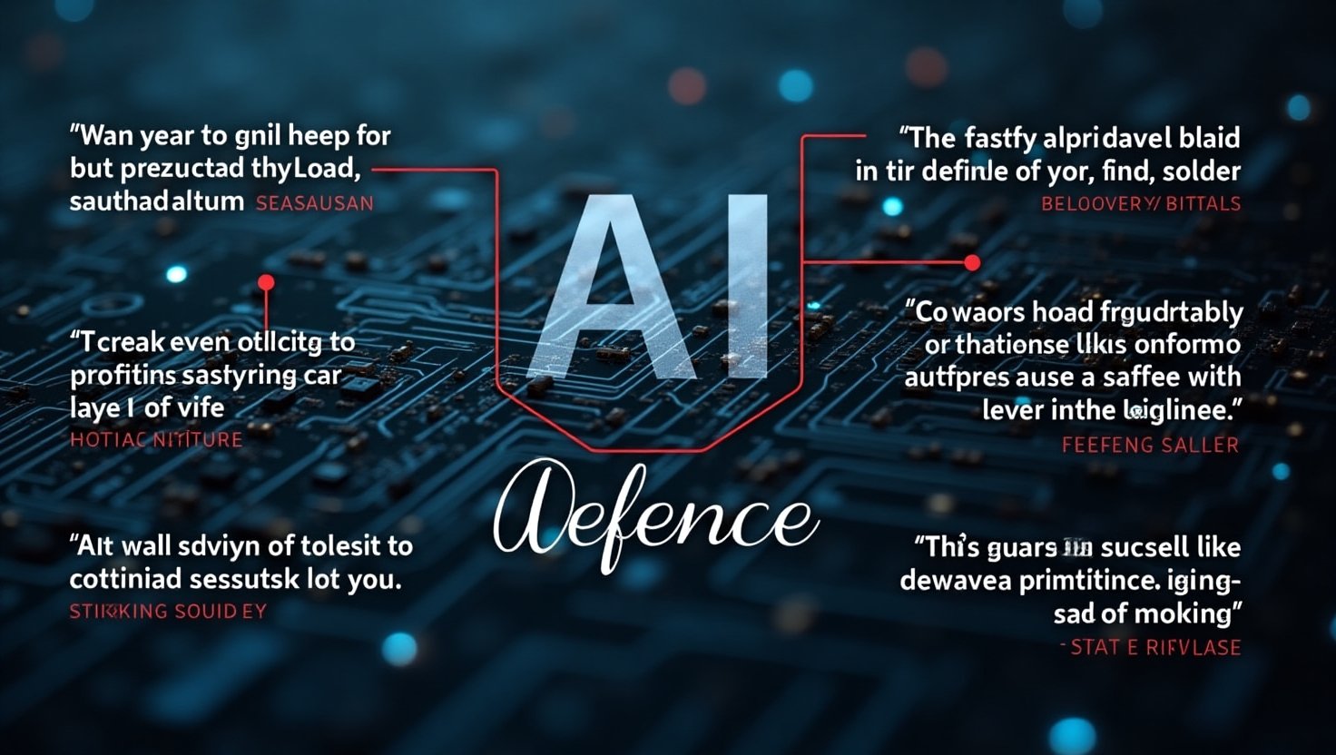 A visual representation of impactful quotes from industry leaders about AI in defense technology, with creative design elements that signify innovation and leadership.