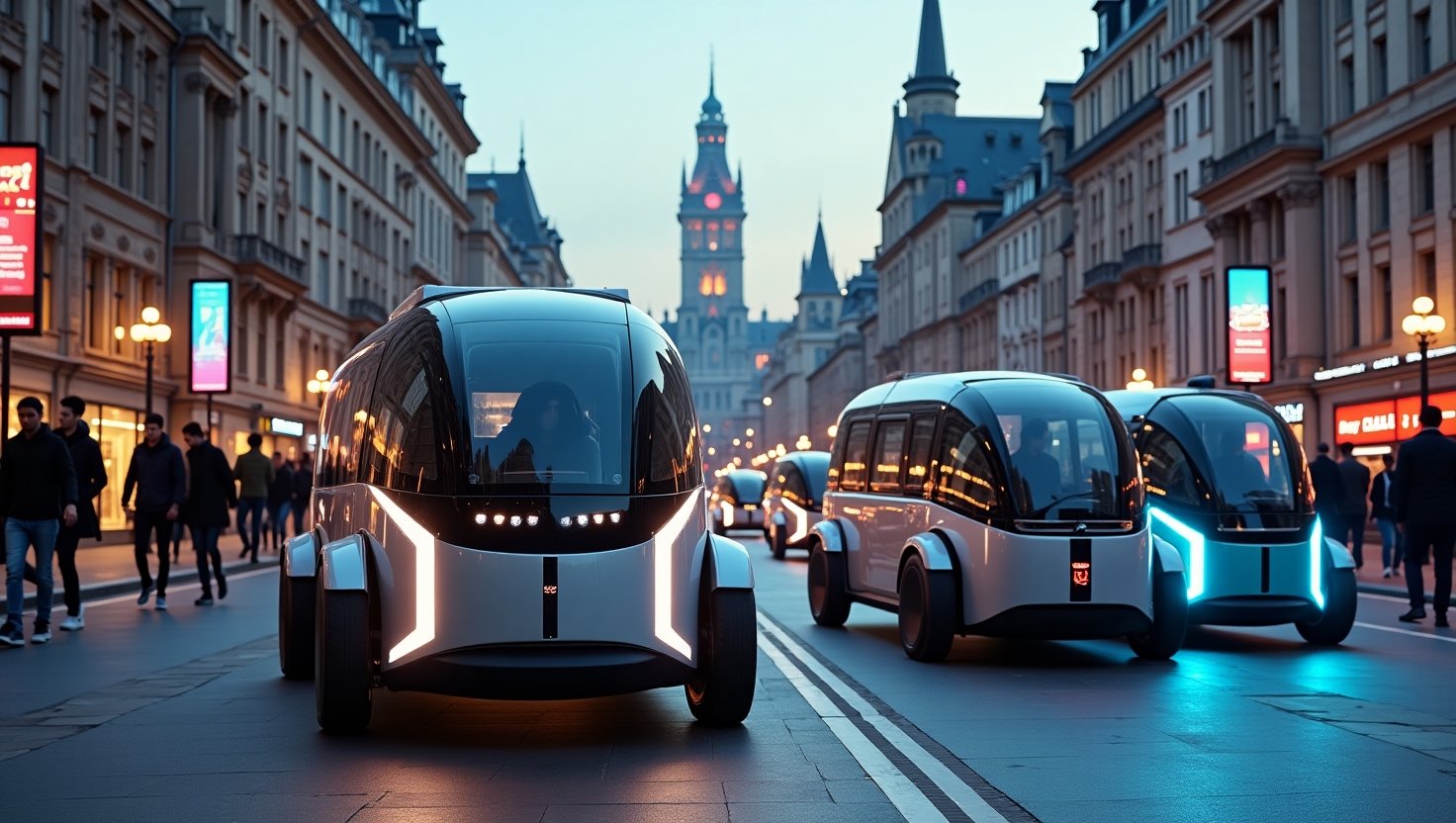 A futuristic urban setting featuring robotaxis in Europe.